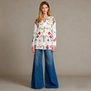 NWOT Johnny Was Texa Embroidered Floral Top Button-Down Tunic Shirt Blouse Sz S